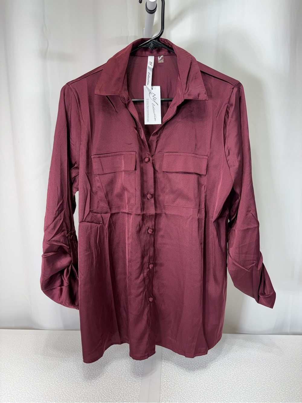 NY Collection Wine Satin Button-Down Shirt 4310